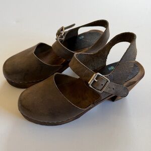 Lotta From Stockholm Brown Leather Wooden Clogs Mary Jane Strap Size 37